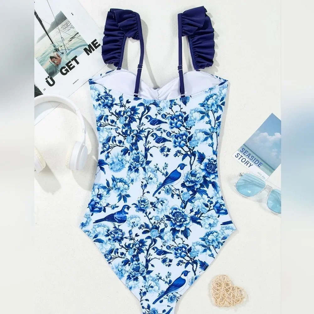 Cutout Ruffled Spaghetti Strap One-Piece Floral Blue Ruffle Strap Swimsuit S M